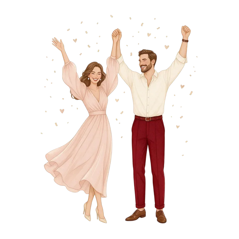 An illustration of the couple celebrating