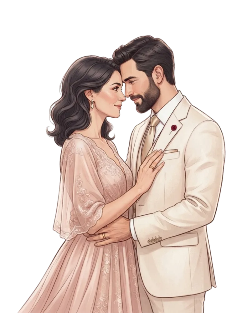 An illustration of the couple, forehead to forehead