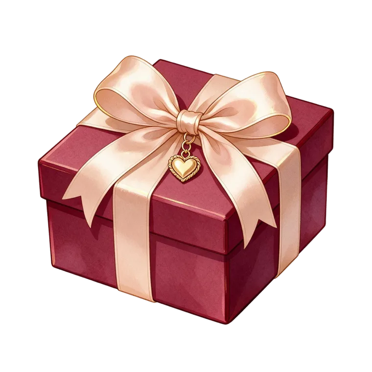 A wine red gift box tied with a gold ribbon