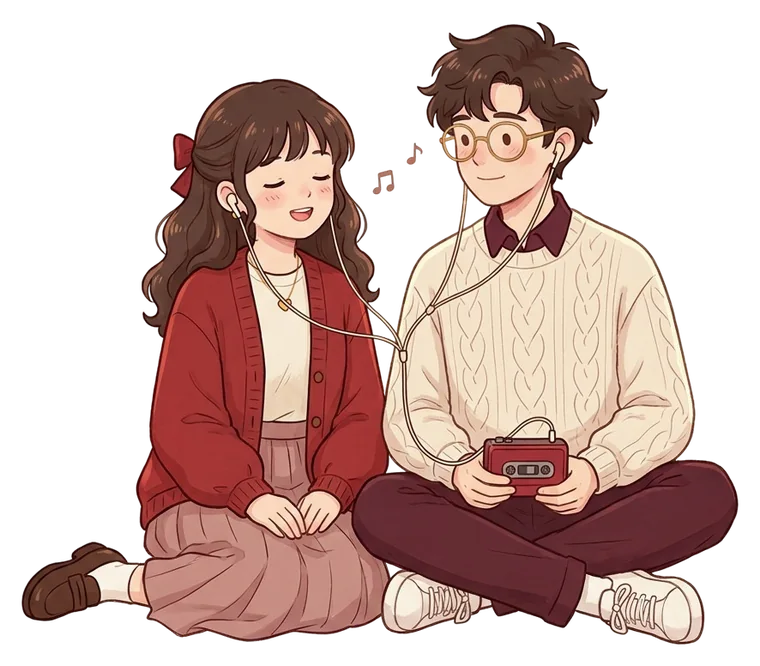 the two of us sharing one pair of earphones